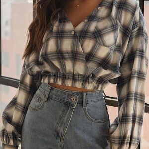 Chvity Women's Trendy Long Sleeve Crop Tops Plaid Button Tunic Elastic Waist